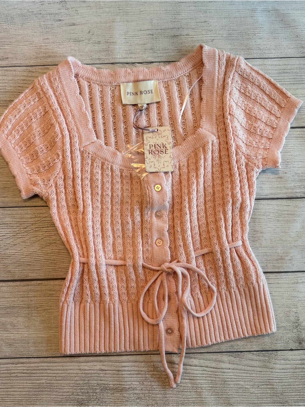 Pink Rose Peach-Pink Short-Sleeve Tie-Waist Knit Cardigan